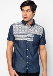 Short Sleeve Denim Shirt With Aztec Yoke Print