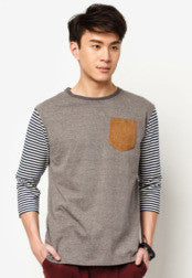 3/4 Stripe Sleeve Tee With Suede Pocket