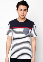 Cut & Sew Striped Tee With Chambray Pocket