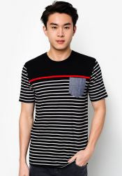 Cut & Sew Striped Tee With Chambray Pocket