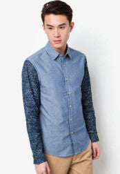 Long Sleeve Chambray Shirt With Contrast Sleeves