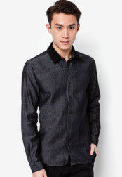 Long Sleeve Chambray Shirt With Corduroy Collar